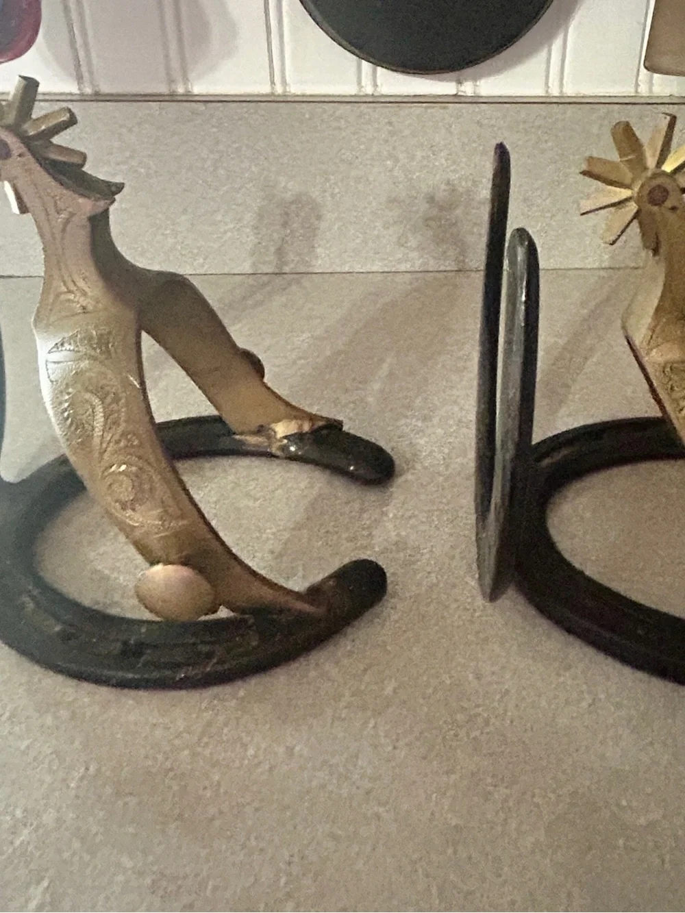 Cast Iron Horseshoe and Brass Spur Decorative Bookends - Black and Gold